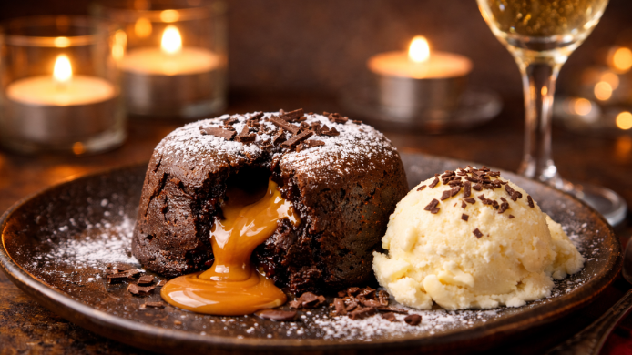 coulant de chocolate con dulce de leche, helado de vainilla y champán