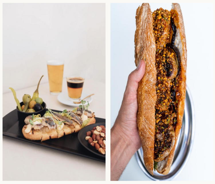 De izqda. a dcha. la coca de aceite y sardinas del Bar Cosmo y el Almuerzo Viciano de Platero Utopic Food.