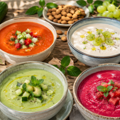 Selección de sopas frías de verano servidas en cuencos de cerámica artesanal sobre una mesa de madera al aire libre, con gazpacho, ajoblanco, sopa de sandía y remolacha y crema de aguacate y pepino rodeadas de ingredientes frescos.